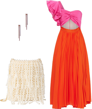 amur pink cleopatra pleated dress AMUR Cleopatra Pleated Dress in Scarlet Orange & Pink Lemonade