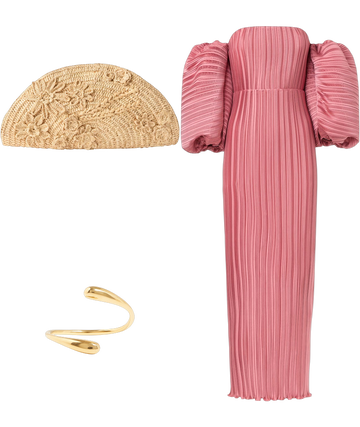 l'ide sirene off-shoulder puff-sleeve pleated midi column dress L'Ide Sirene Pliss Puff-Sleeve Maxi Dress