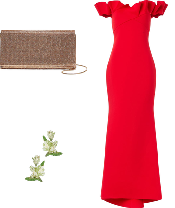 badgley mischka red off shoulder ruffle dress badgley mischka red off shoulder ruffle dress Badgley Mischka Strapless Bow Scuba Dress- Red By Request