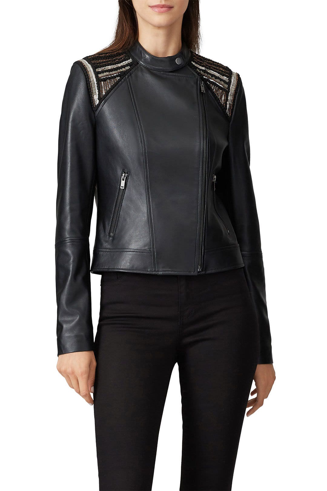 Beaded Shoulder Leather Moto Jacket by Slate & Willow 2