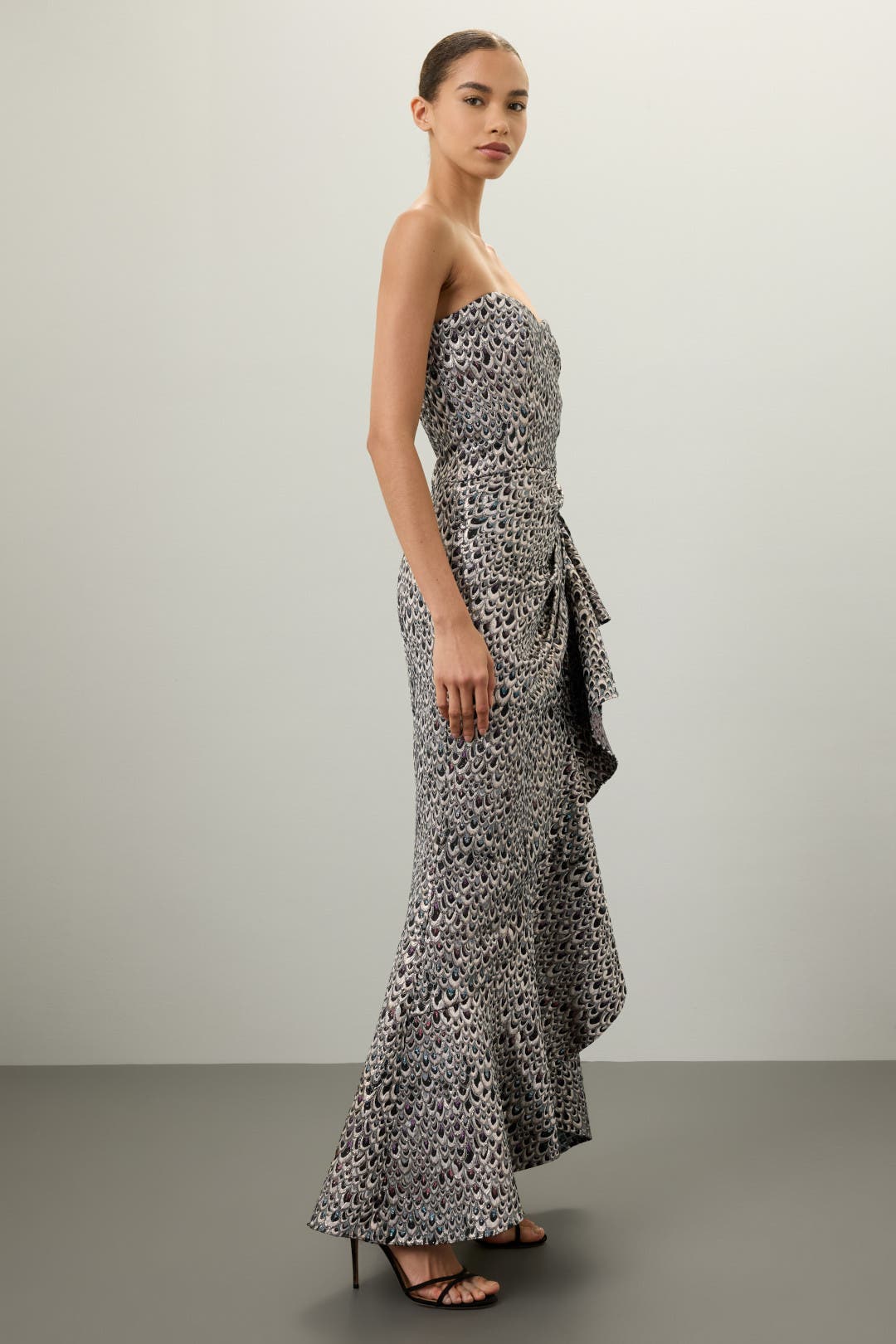 Printed Side Skirt Ruffle Gown by Badgley Mischka | Rent the