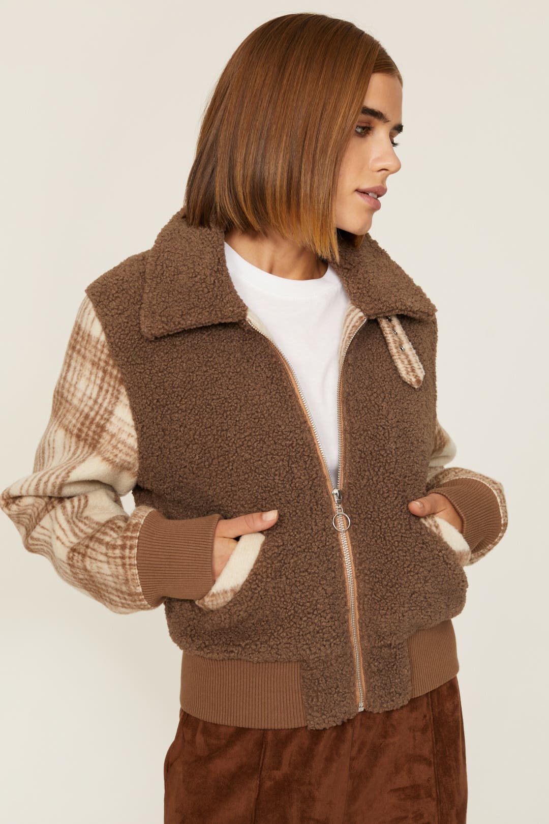 Plaid Sherpa Bomber Jacket by SIMKHAI | Rent the Runway