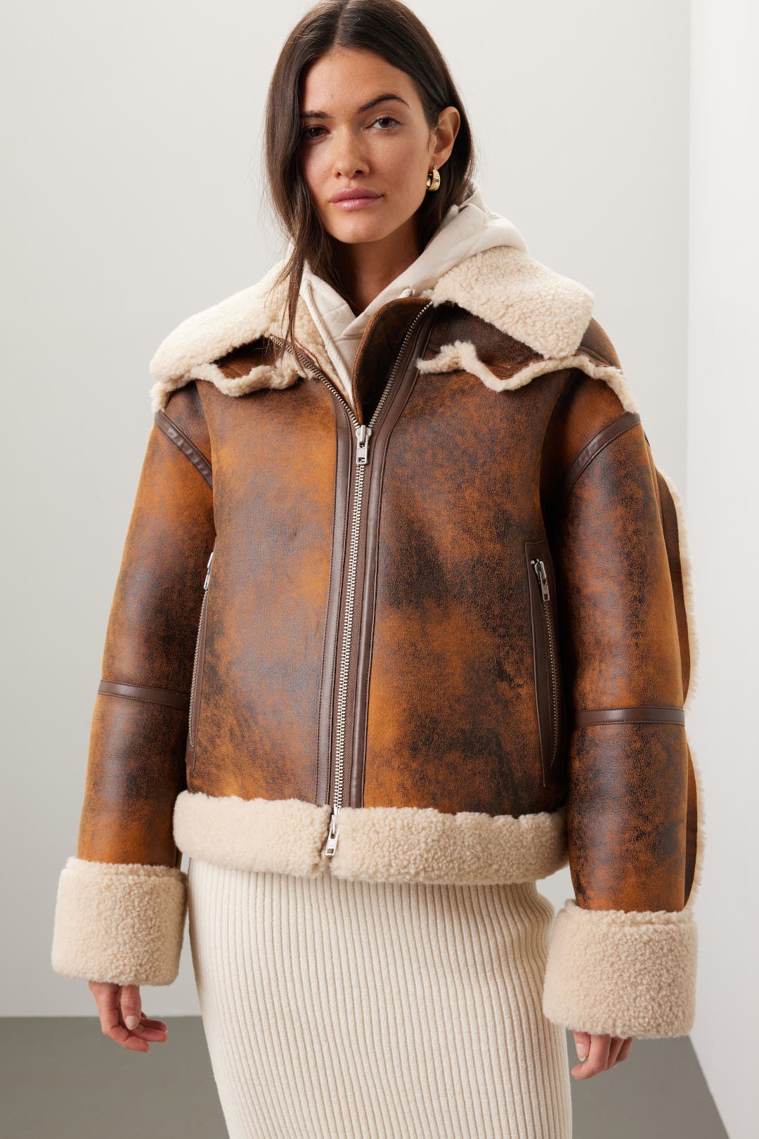 ★STAND STUDIO★ Fake shearling down jacket light brown 6195 STAND STUDIO faux-shearling Trim zip-up Jacket | Brown