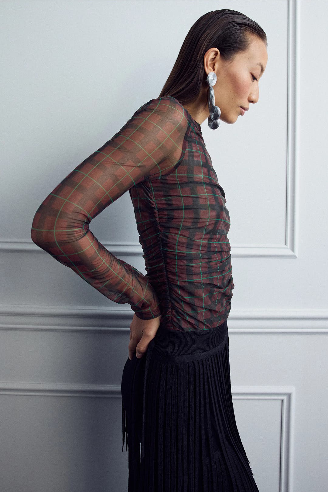 Plaid Mesh Long Sleeve Top by SIMONMILLER | Rent the Runway