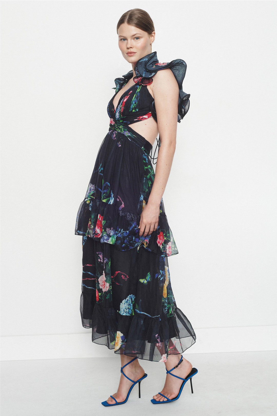 Black Ruffle Tiered Floral Cut-Out Chiffon Dress