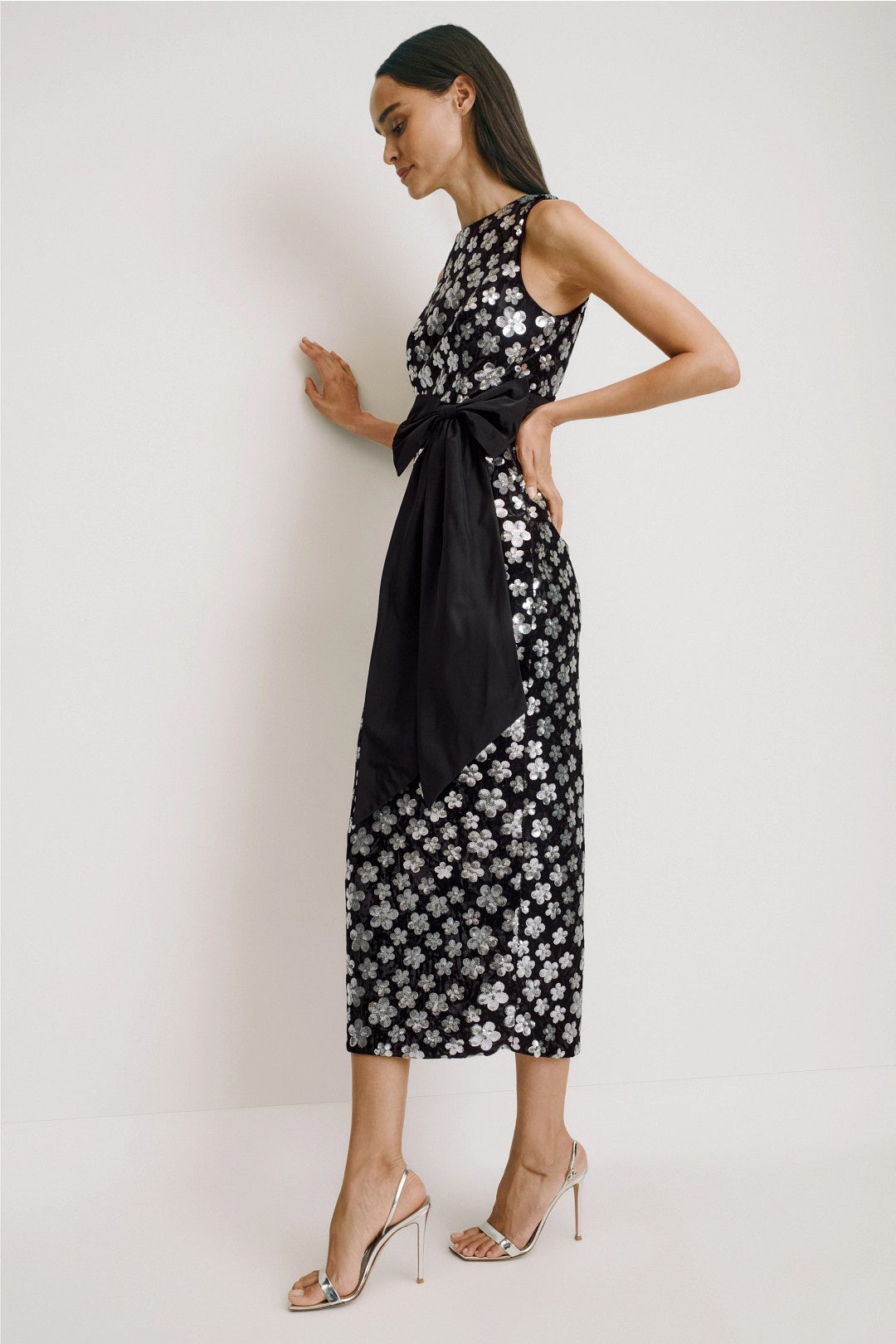 Velvet Sequin Column Ankle Dress With Bow