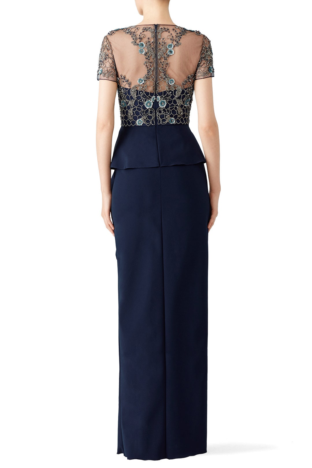 Navy Lace Ruffle Gown by Marchesa Notte 1
