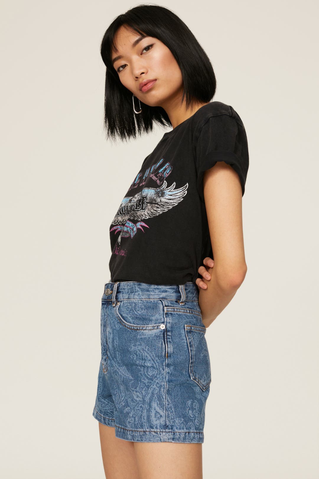 【ANGLAN】Side Paisley Denim Half Shorts Paisley Denim Shorts by The Kooples | Rent the Runway