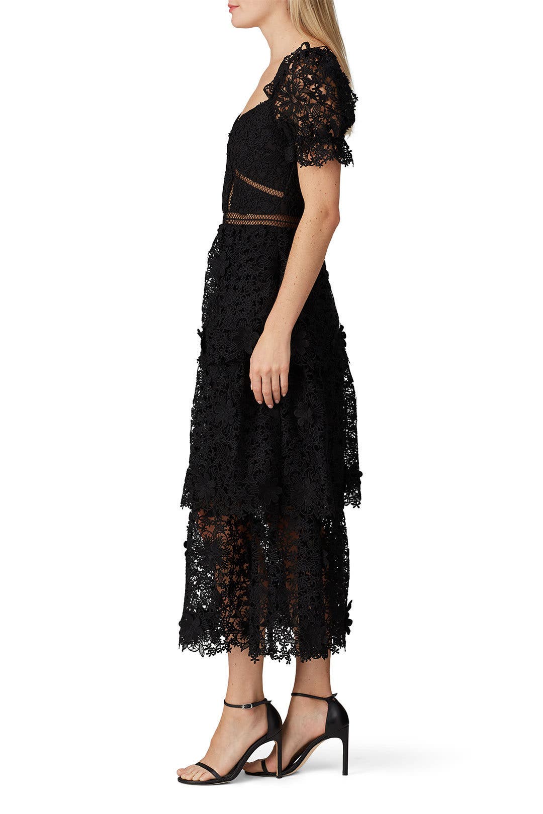Black 3D Lace Tier Dress by Self-Portrait | Rent the Runway