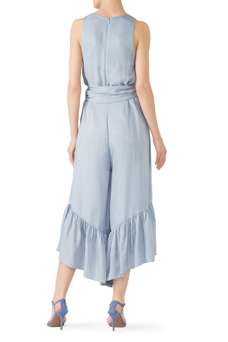 Double Take Full Size Ruffle Trim Tie Back Cami Jumpsuit with Pockets main image 1