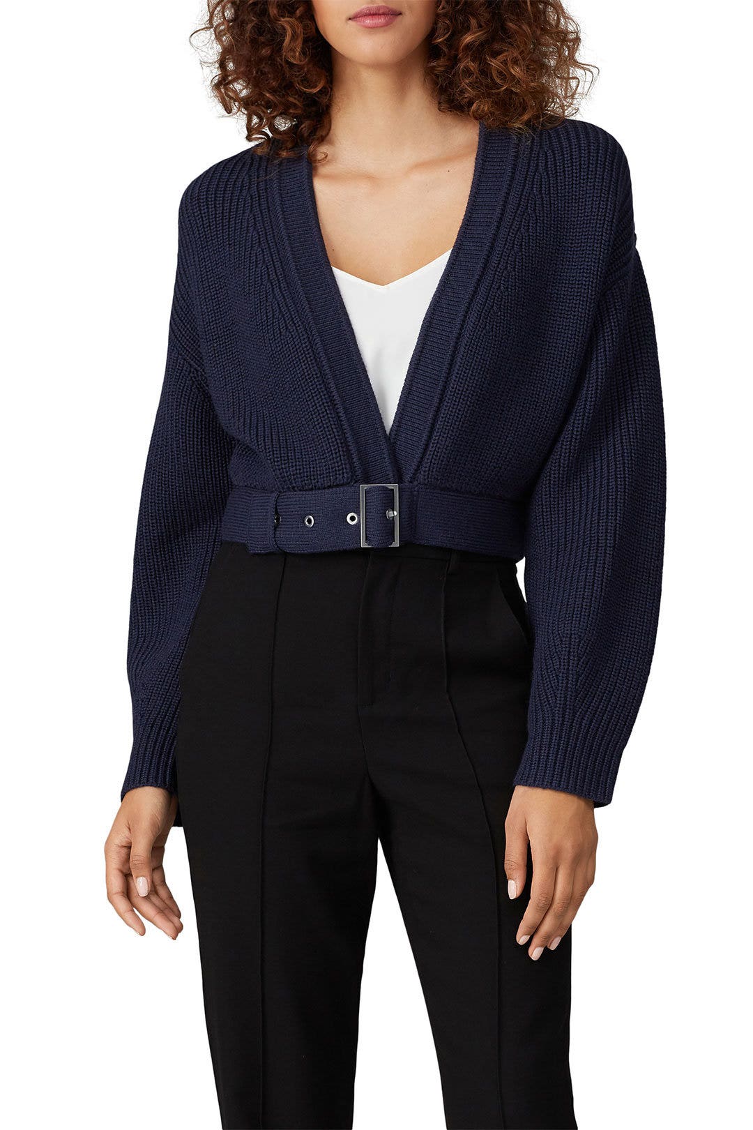 Navy Cropped Belted Cardigan by LAPOINTE 1