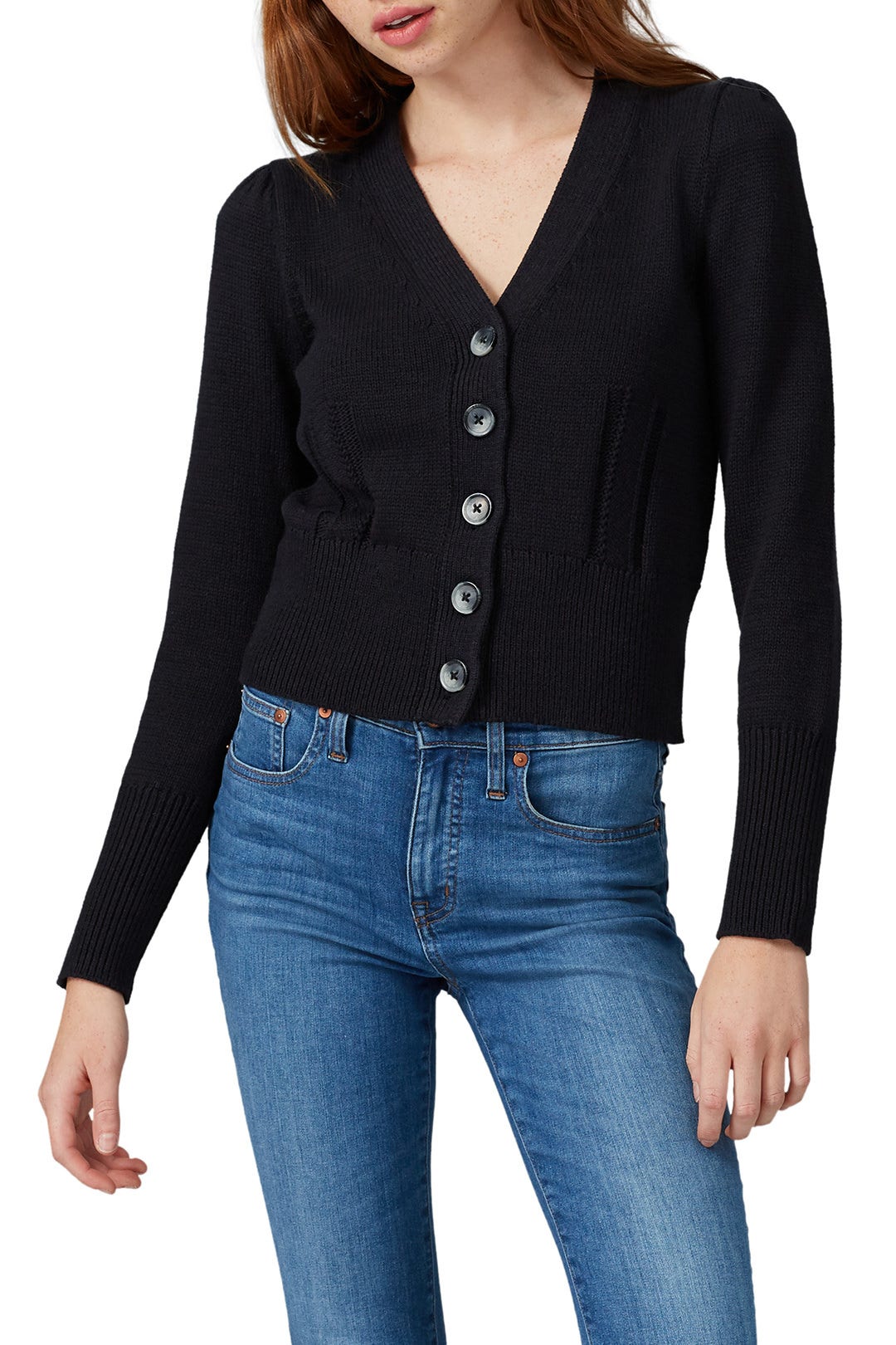 Black Puff Shoulder Cardigan by White + Warren 1