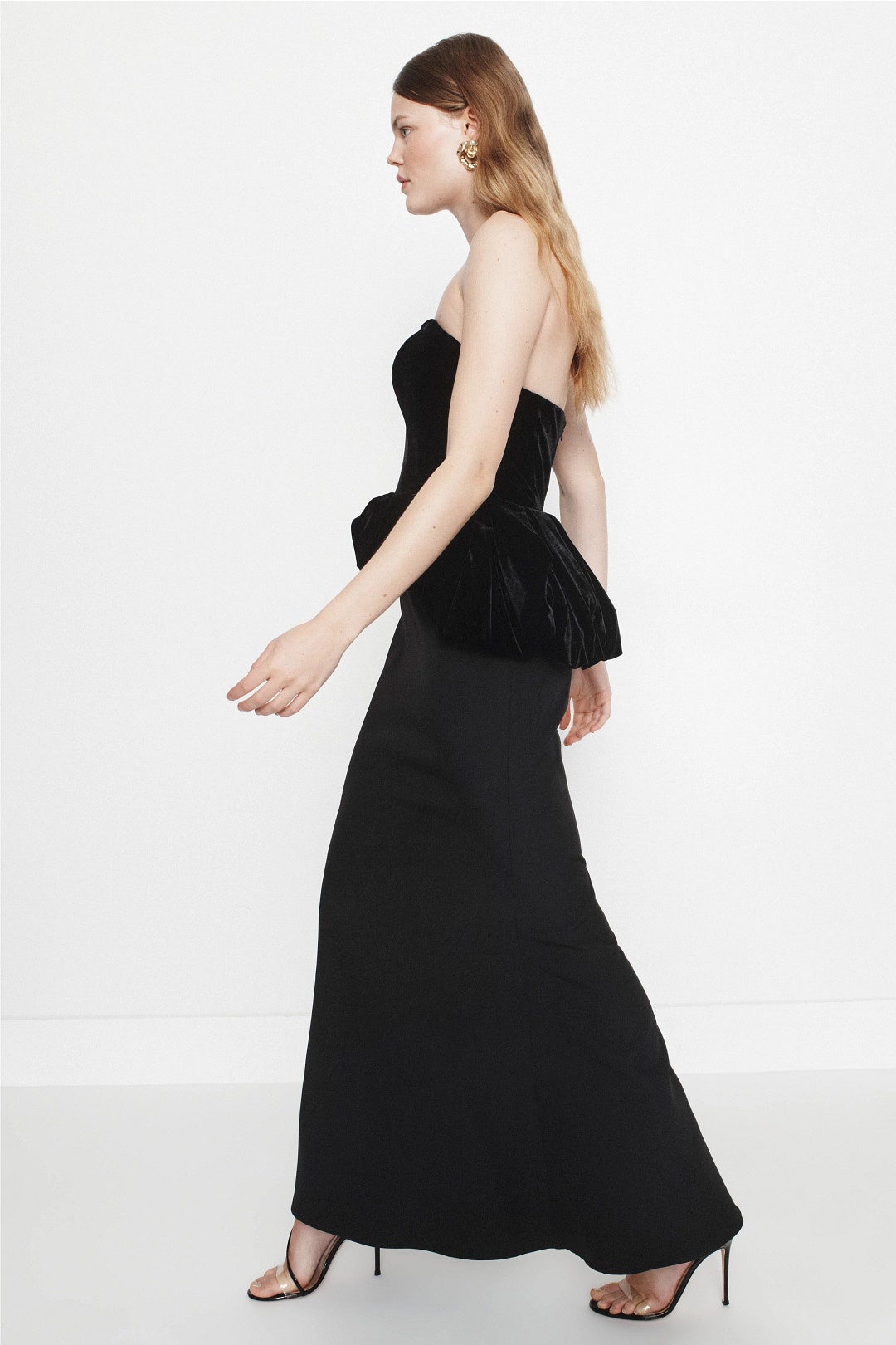 Crepe And Velvet Strapless Fitted Peplum Top Gown by Ieena for Mac Duggal 1