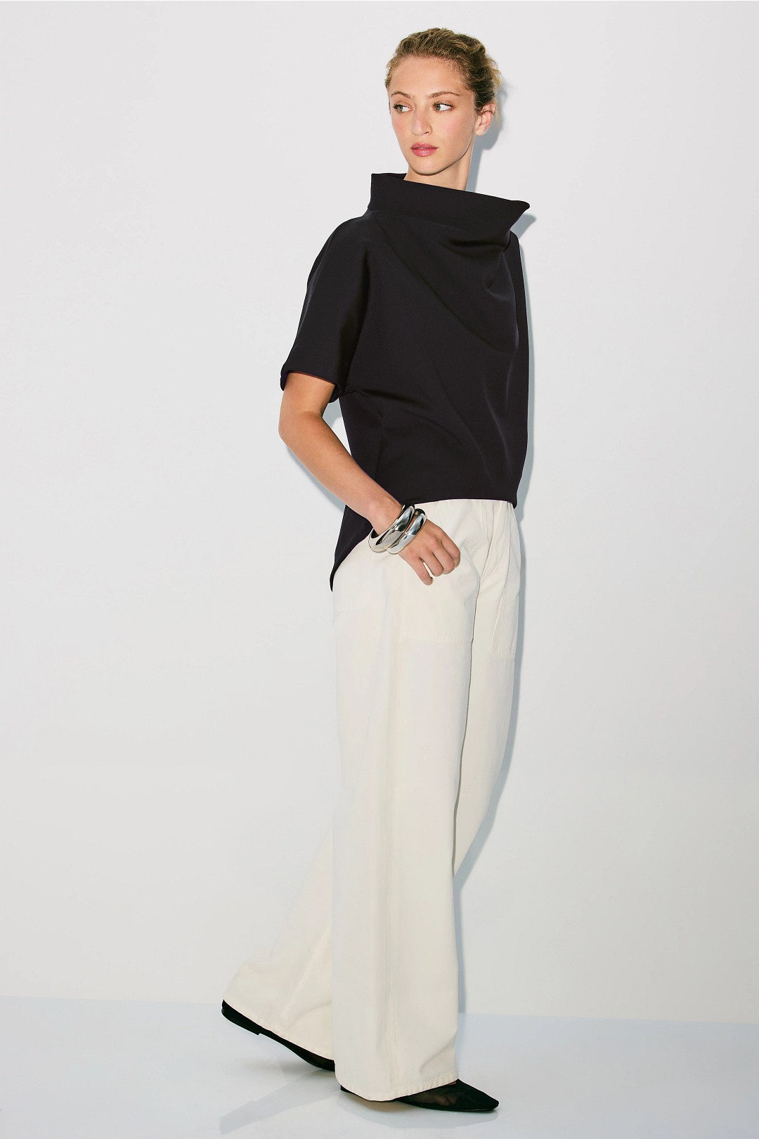 Black Crepe Mock Neck Top by Natori 1