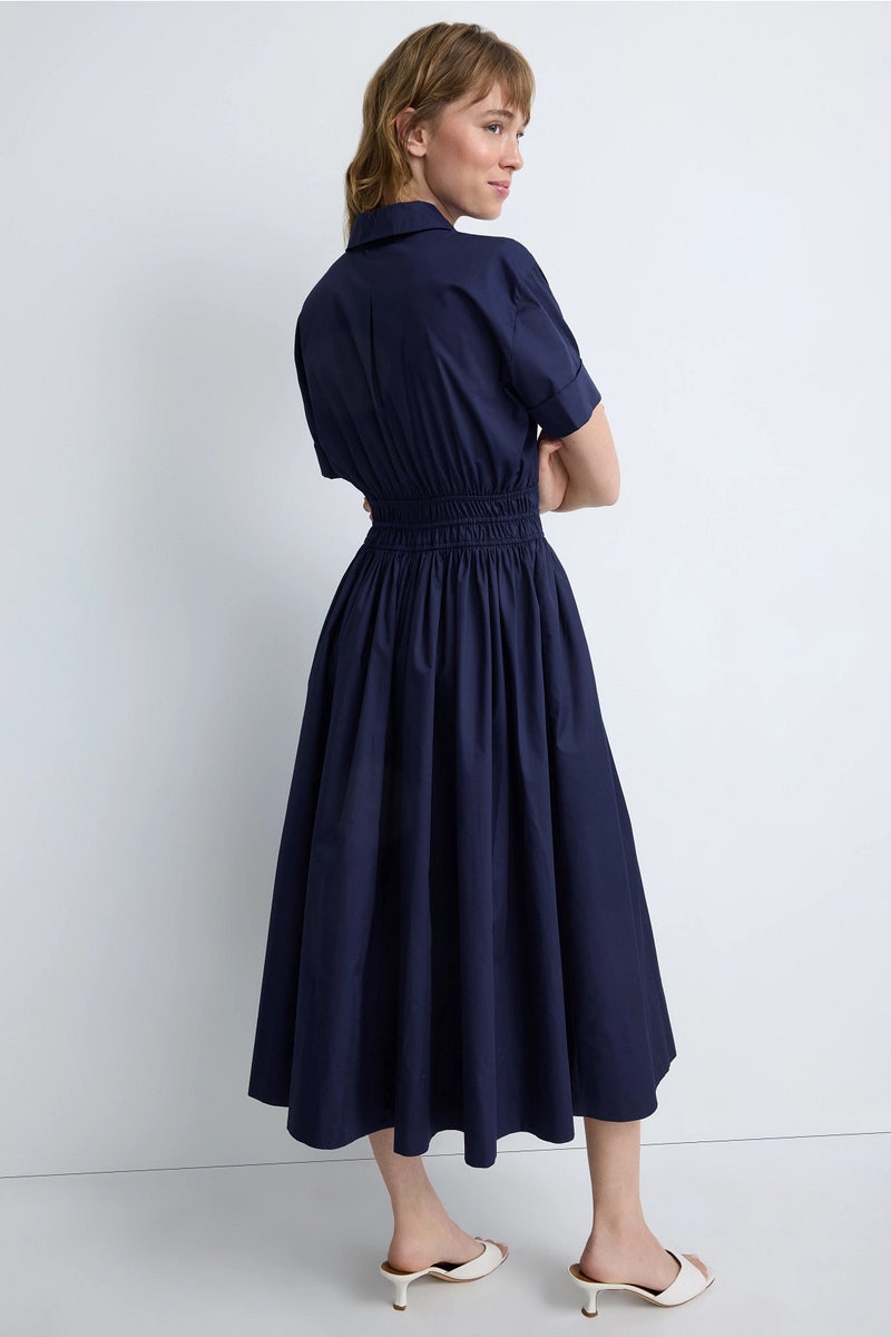 knee length dresses for ladies Aubrey Navy Striped Short Sleeve Midi Dress