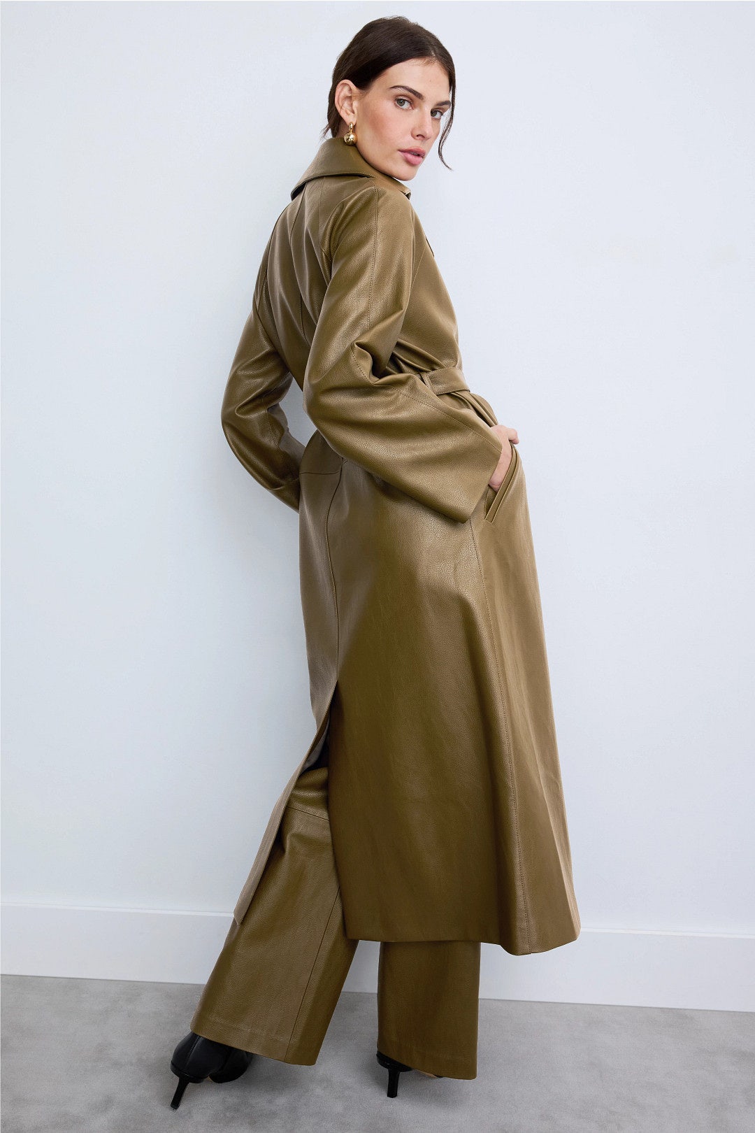 Grommet Belted Faux Leather Trench Coat