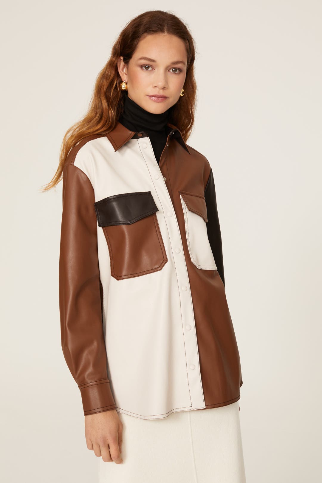 【COSYHARU】Pocket Detail Overfit Leather Shirt Faux leather shirt with pockets | GATE
