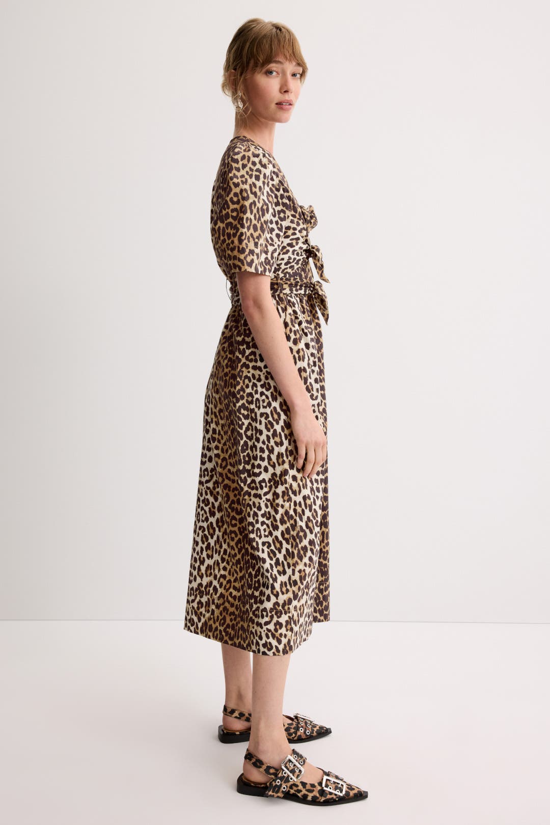 Leopard Printed Cotton Tie Strap Midi Dress by GANNI | Rent
