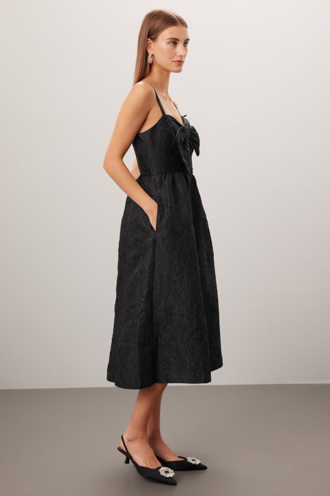 ELLARA JACQUARD MIDI BOW, ONYX LEAF AN IMPRESSION JACQUARD