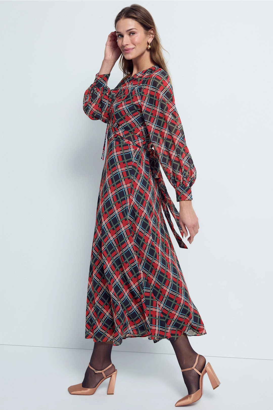 Tie Neck Puff Sleeve Midi Dress by Rixo x RTR 1