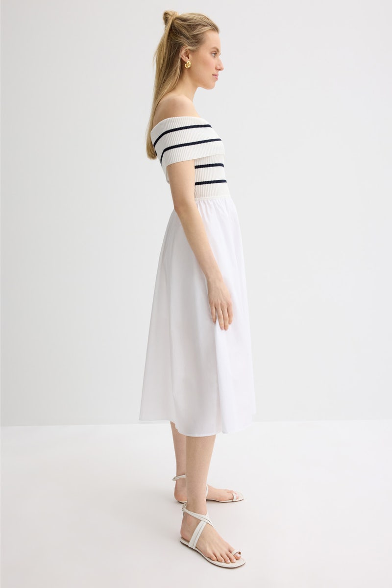 Off The Shoulder Stripe Knit Poplin Midi Dress by Milly - Photo 1