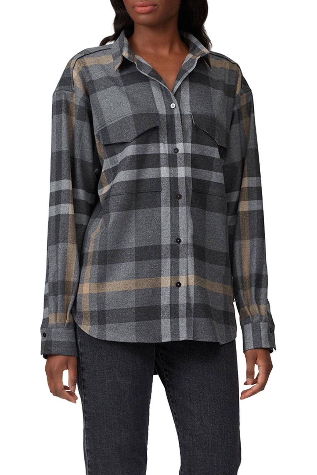 SS25【TOTEME】Loose Black Flannel Top with stripes Monogram flannel pj top black – TOTEME