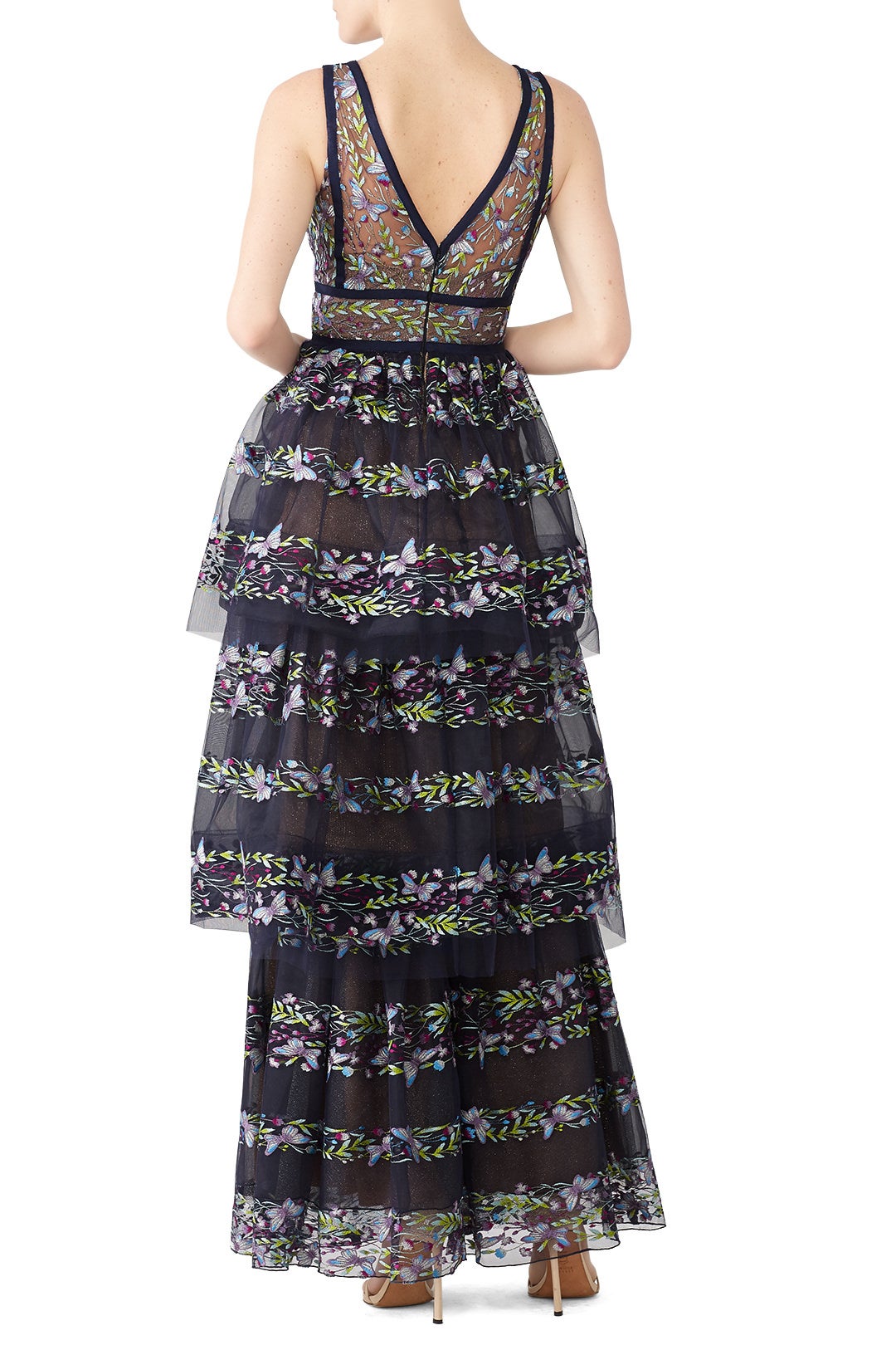 Navy Floral Tiered Gown by Marchesa Notte 1