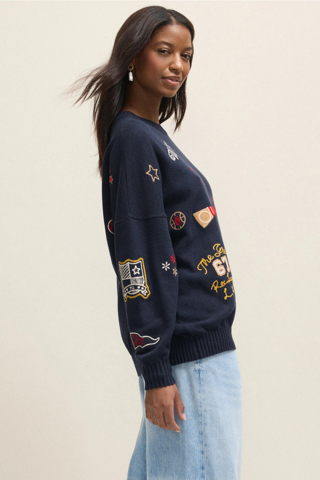 Embroidered Oversized Crewneck Sweater by The Great. 1