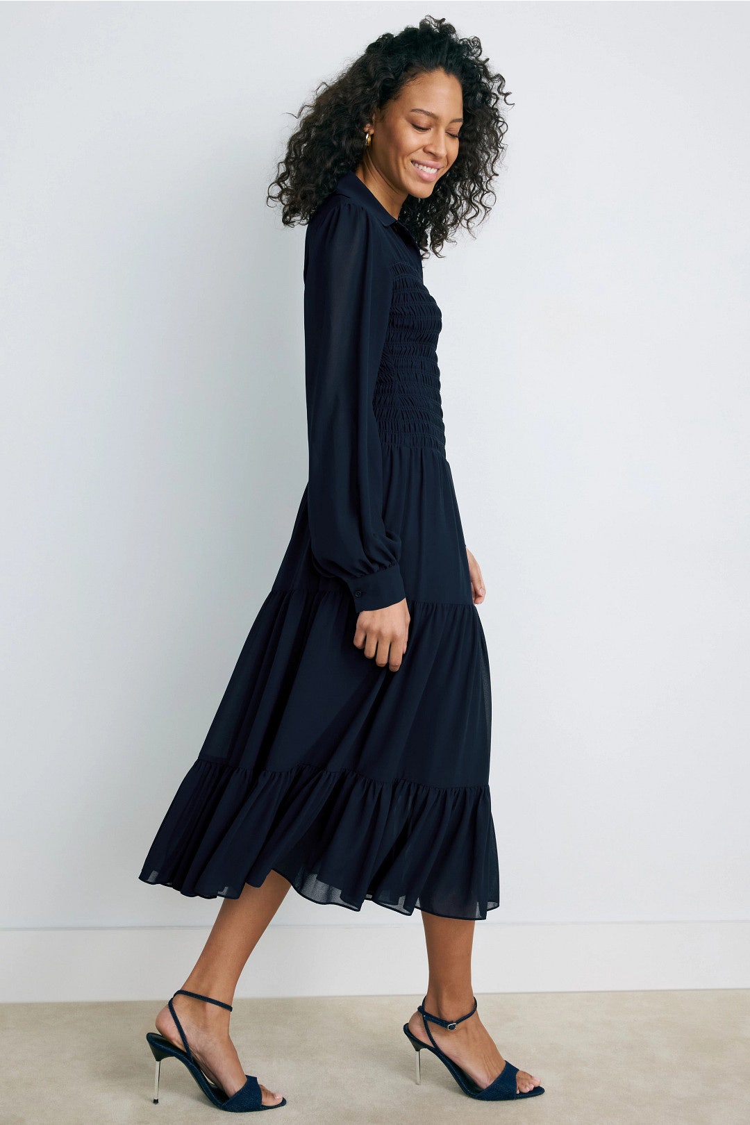 Navy Smocked Button Down Shirt Dress by MICHAEL KORS 1