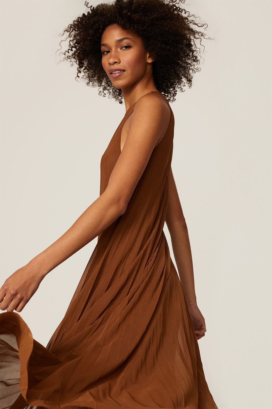 Brown High Neck Pleated Dress by VINCE. 1