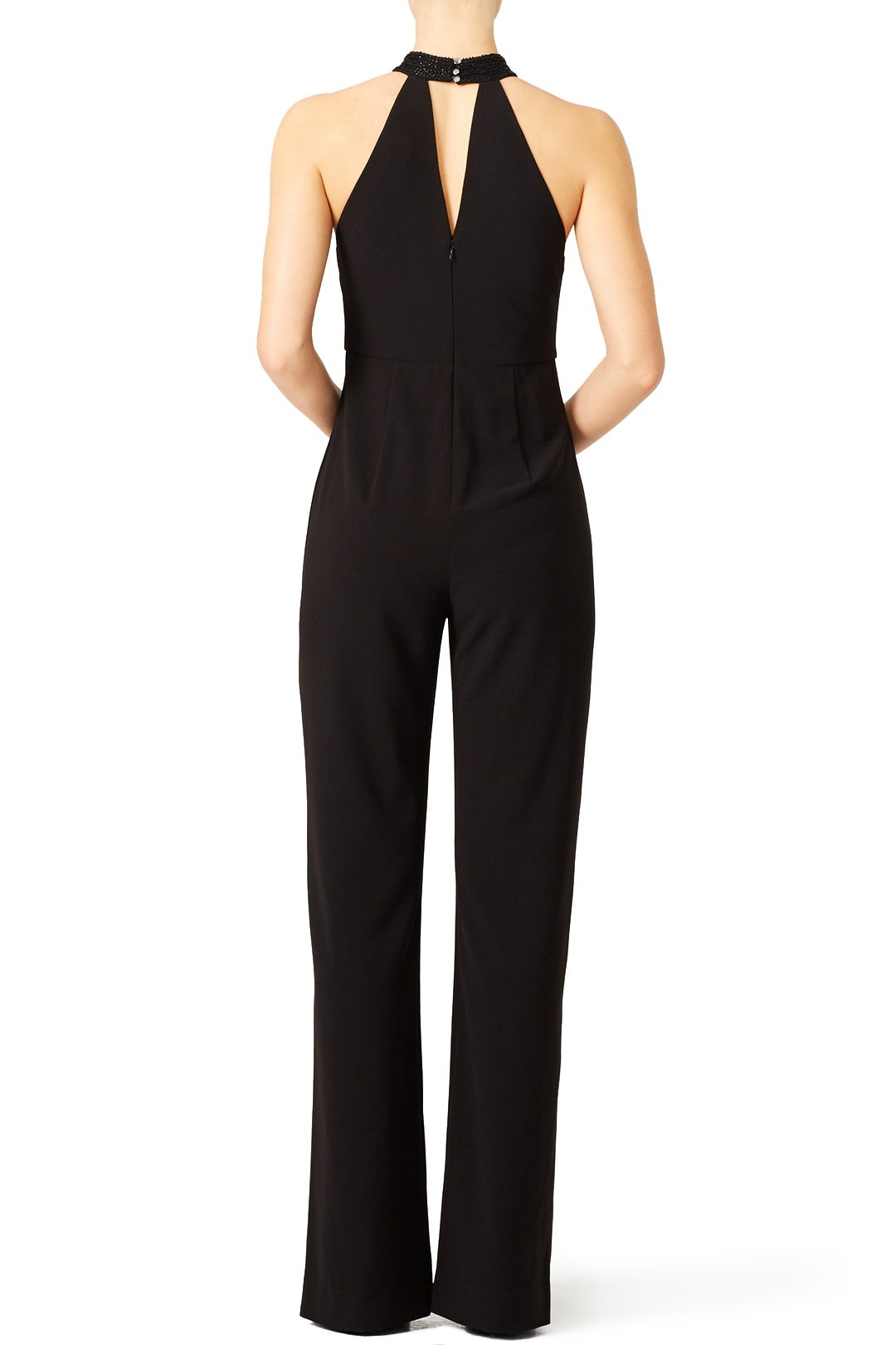 Black Embellished Collar Crepe Jumpsuit by HALSTON 1