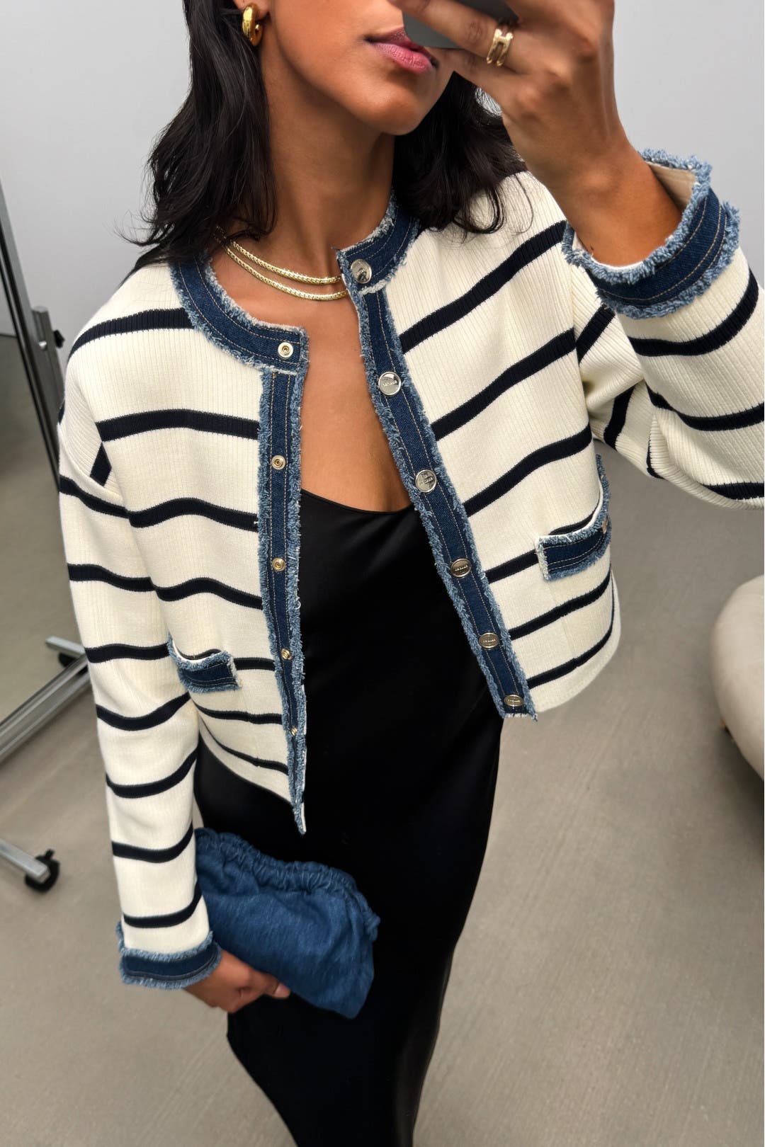 Stripey Cardigan With Denim Details by Sandro | Rent the Runway