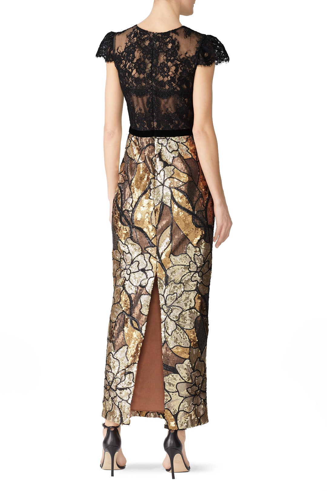 Gold Artwork Sequin Gown by Marchesa Notte 1