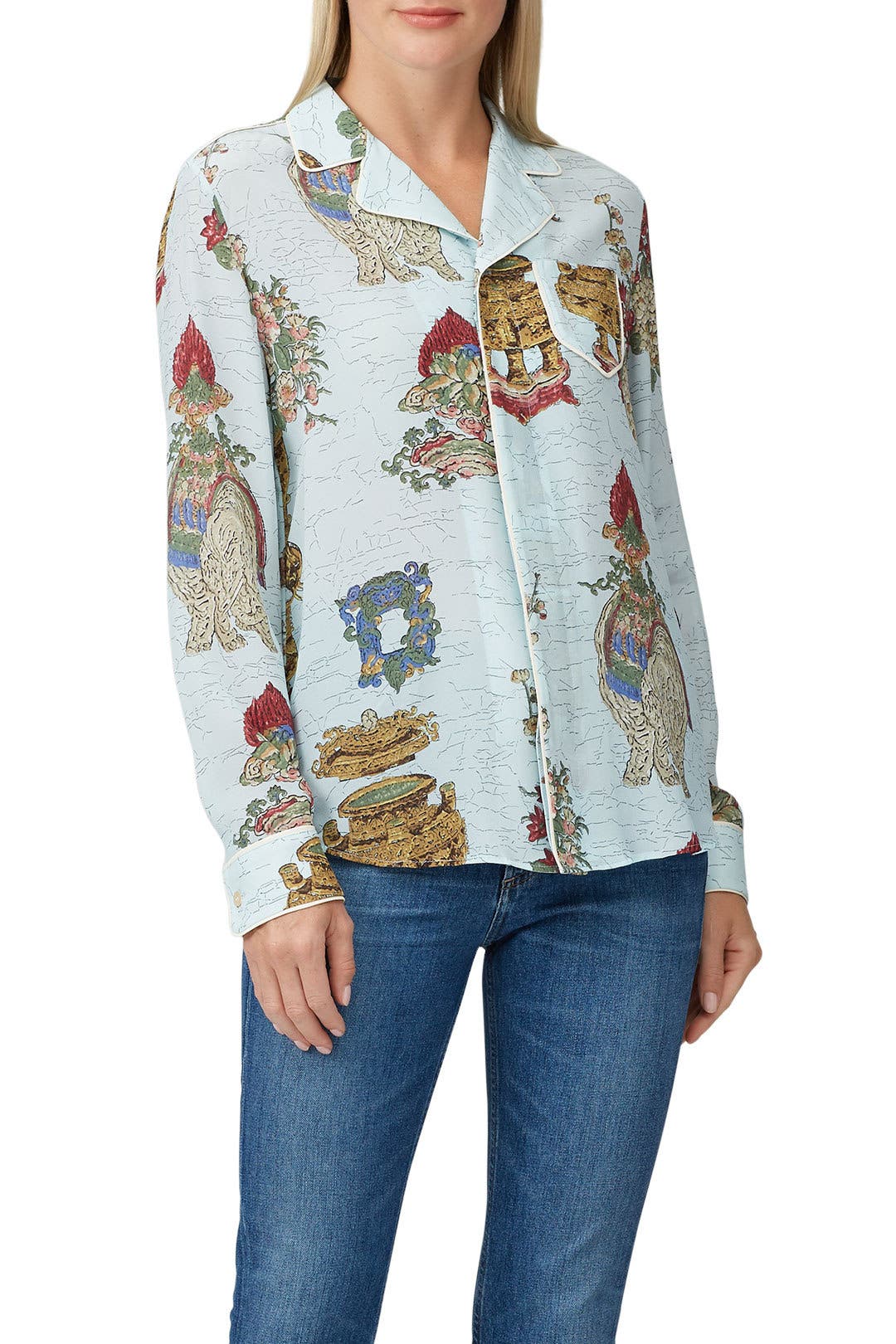 RED VALENTINO - 専用　Red VALENTINO 襟元デザイン シルクシャツ　38未使用 Blue Printed Silk Shirt by RED Valentino | Rent the Runway