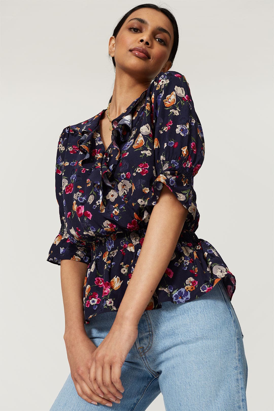 RALPH LAUREN FLORAL SLEEVE ワンピース NAVY セール】 フローラル サープリス ストレッチ ジャージー ドレス