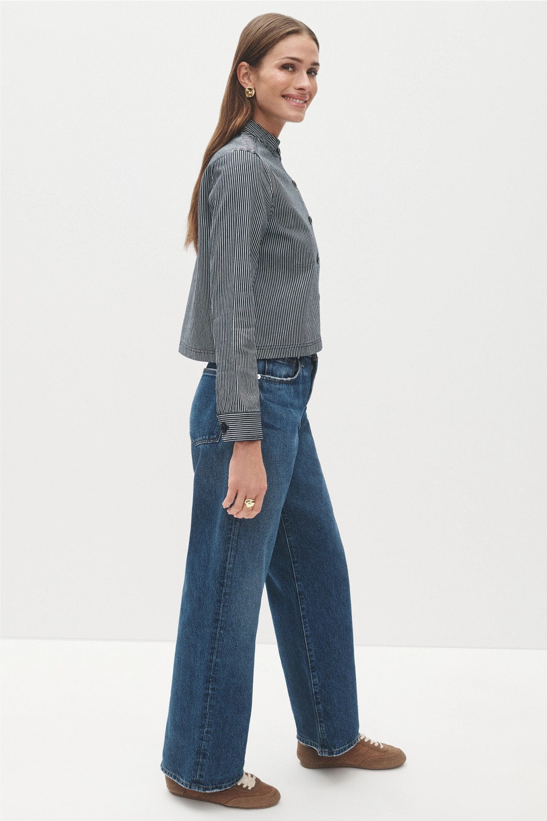 Short Pinstripe Button Up Chore Jacket by Ann Mashburn 1