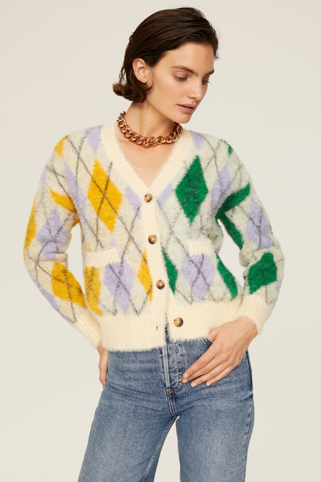 loin nuit ロワンニュイ argyle knit cardigan Chocolate | Argyle