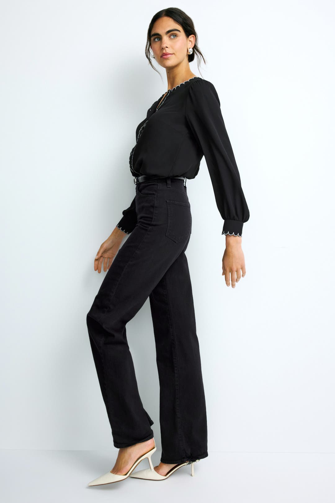 Long Sleeve Button Down Scallop Detail Shirt by CeCe | Rent the Runway