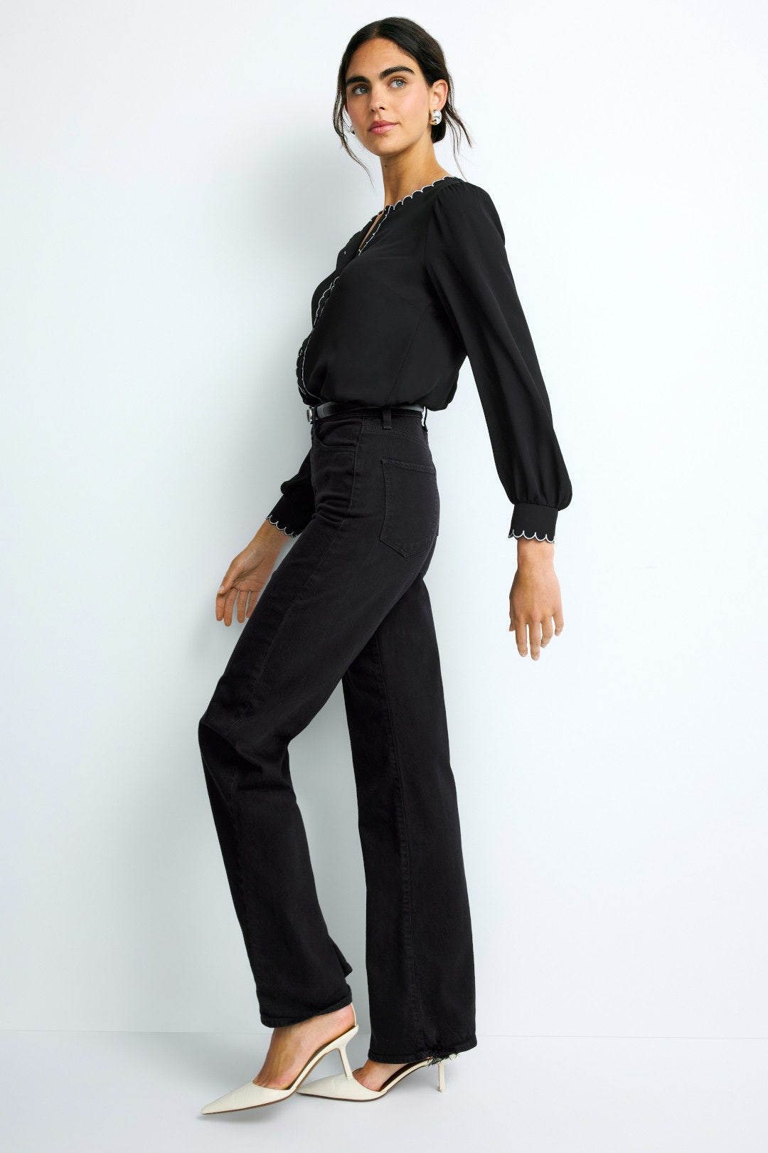 Long Sleeve Button Down Scallop Detail Shirt by CeCe 1