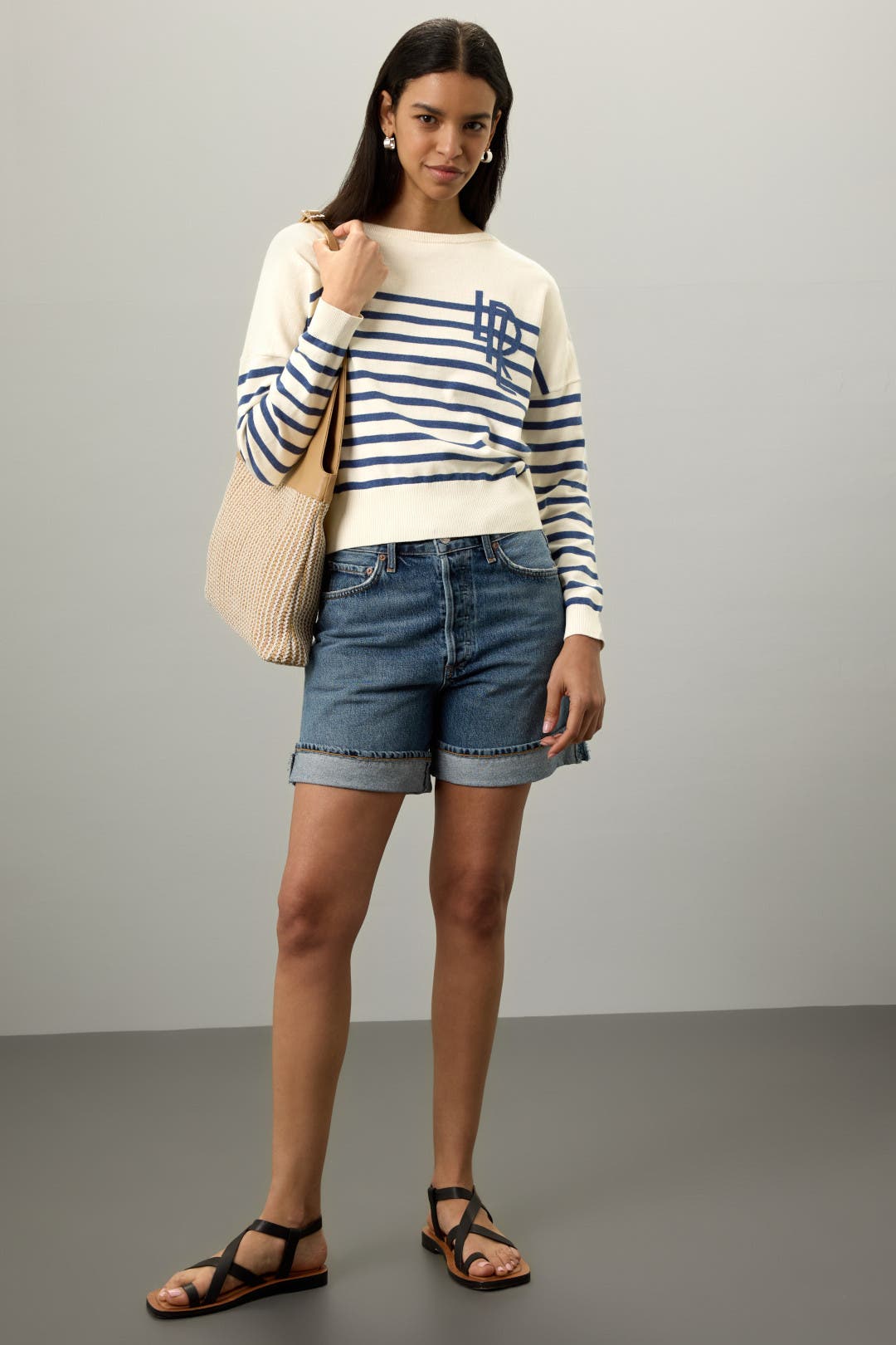 (取寄) ローレン ラルフローレン レディース ストライプド セーター Lauren Ralph Lauren women Striped Ballet-neck Sweater White/New Sapphire Striped Ballet-Neck Sweater