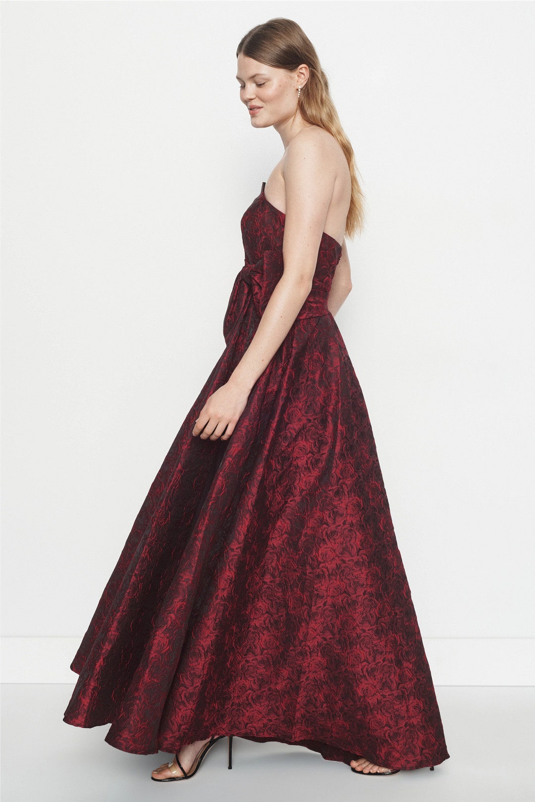 Floral Brocade Strapless Gown With Bow
