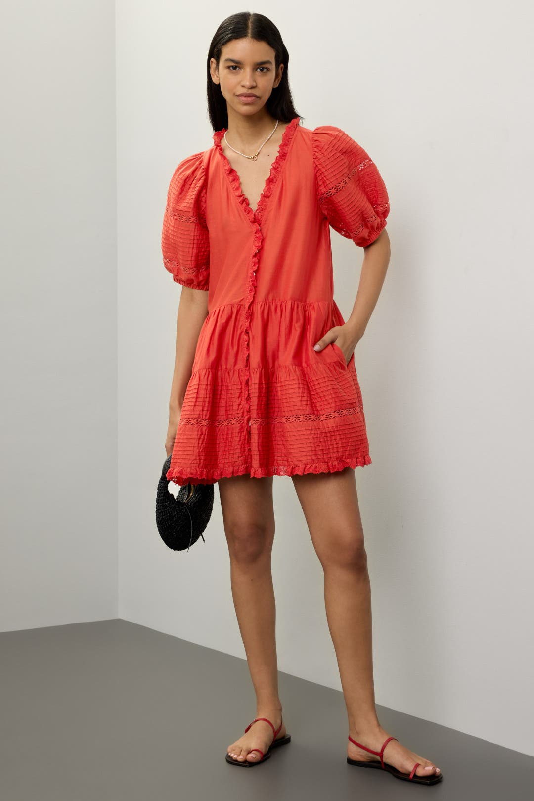 Sサイズのみ【SEA NEW YORK】ANTONINA ソリッド ドレス Red Antonina Solid Cotton Puff Sleeve Dress | Sea New York