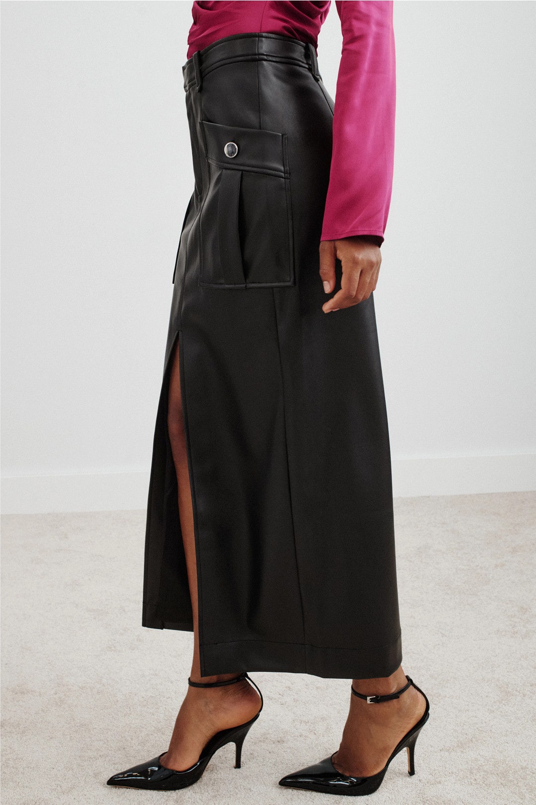 Faux Leather Midi Column Skirt by Toccin 1