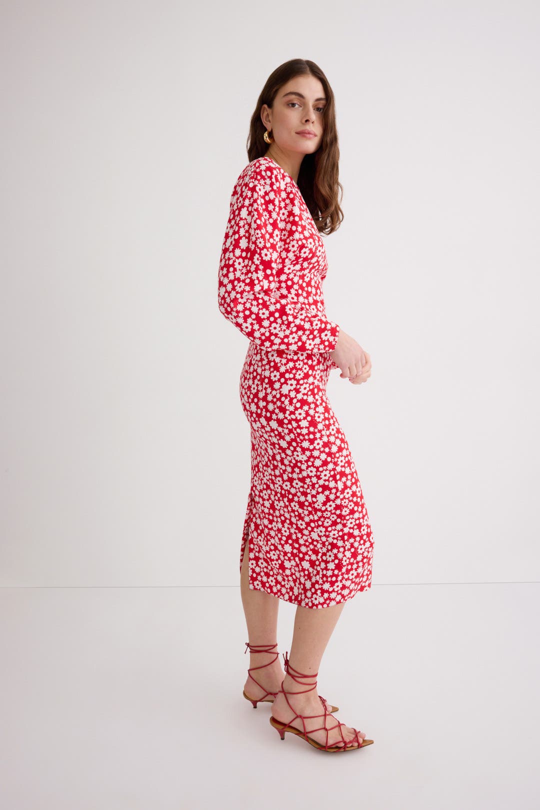 Satin Midi Dress with Red and White Pop Fields Motif by