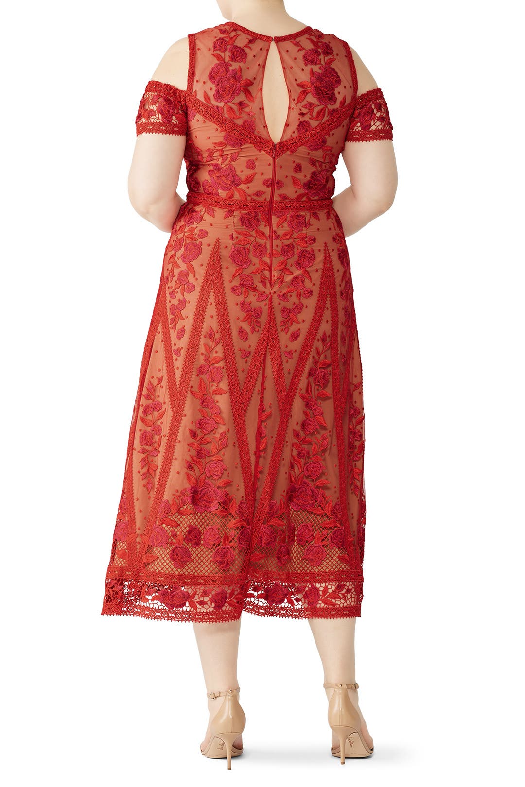 Red Lace Tea Length Dress by Marchesa Notte | Rent the Runway