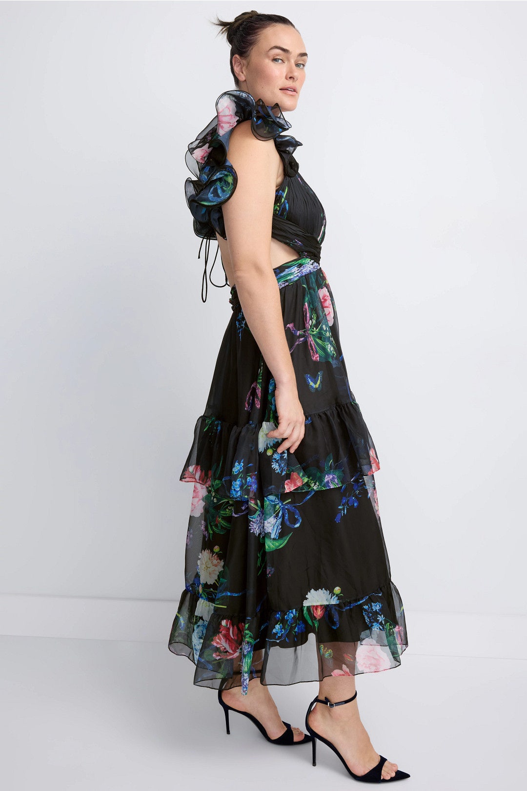 Black Ruffle Tiered Floral Cut-Out Chiffon Dress by Ieena for Mac Duggal 6