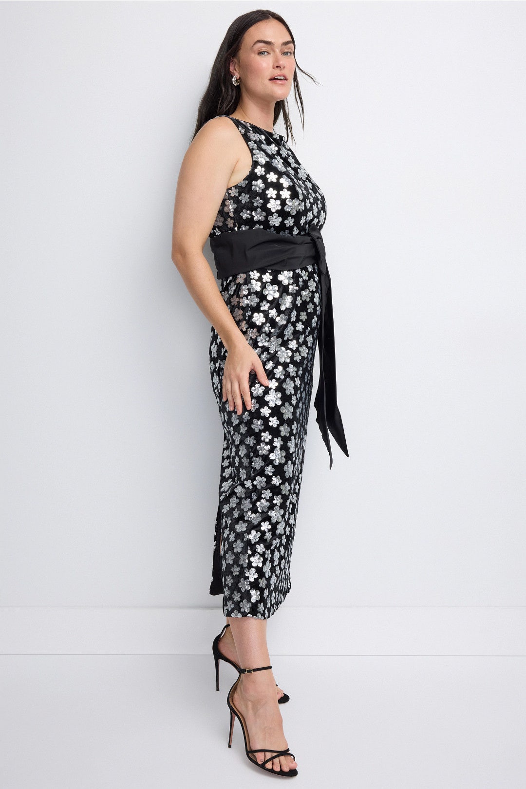 Velvet Sequin Column Ankle Dress With Bow by Ieena for Mac Duggal 6