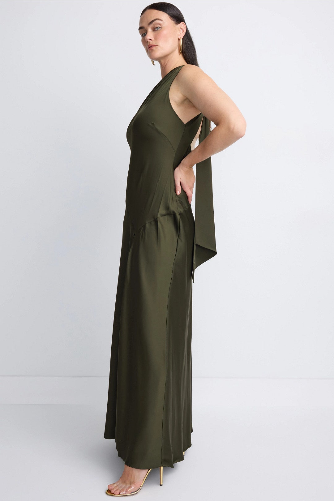 One Shoulder Dark Olive Gown by Adrianna 6