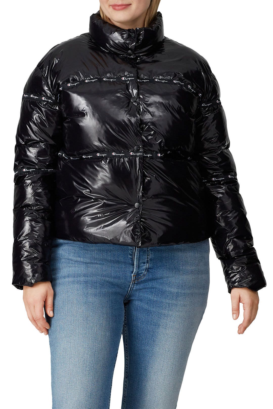 Black Glossy Puffer Jacket by Champion 6