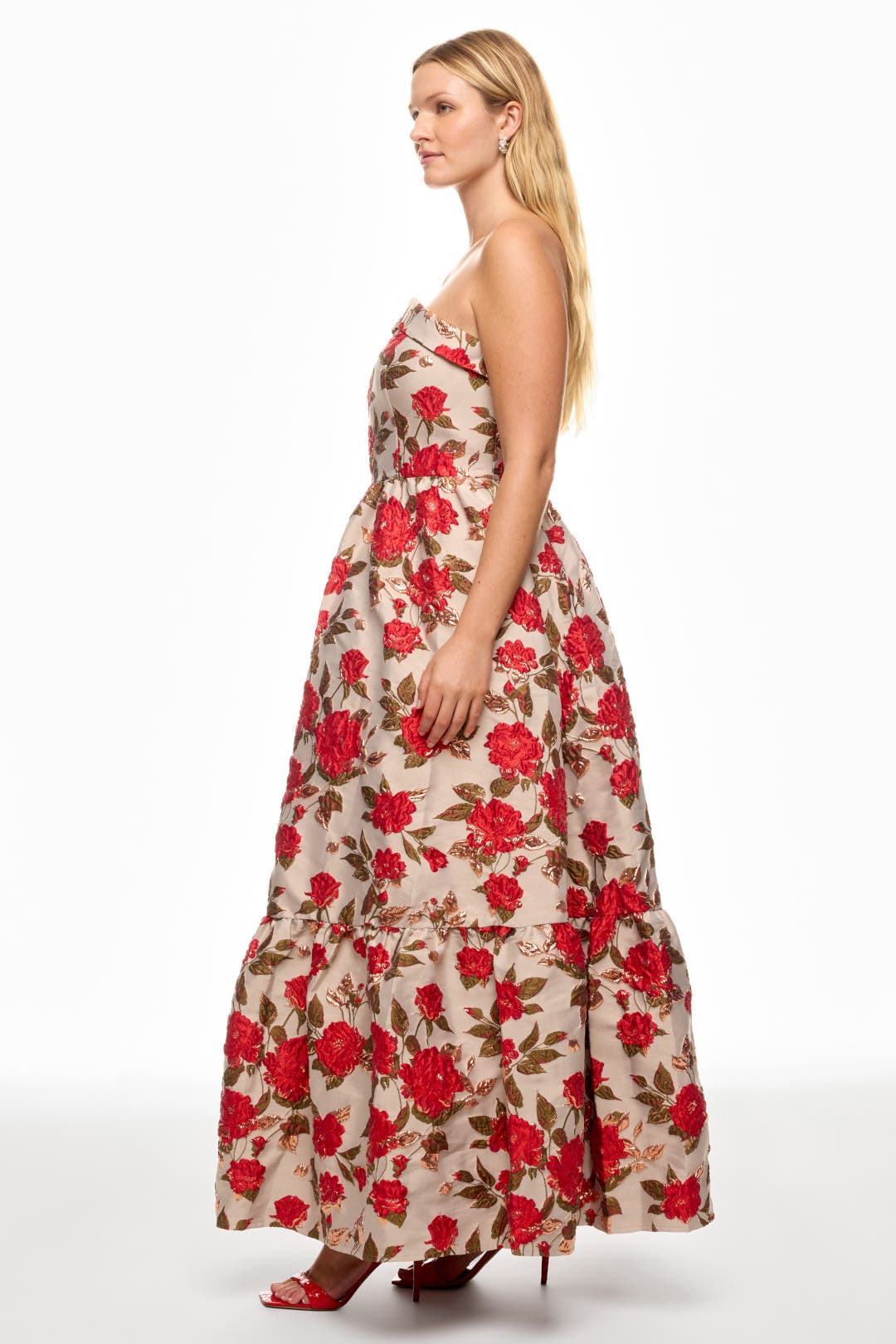 【Mac Duggal】リボン付フローラルブロケードノースリーブミディ Multicolor Brocade Strapless Floral Gown With Ruffle Hem